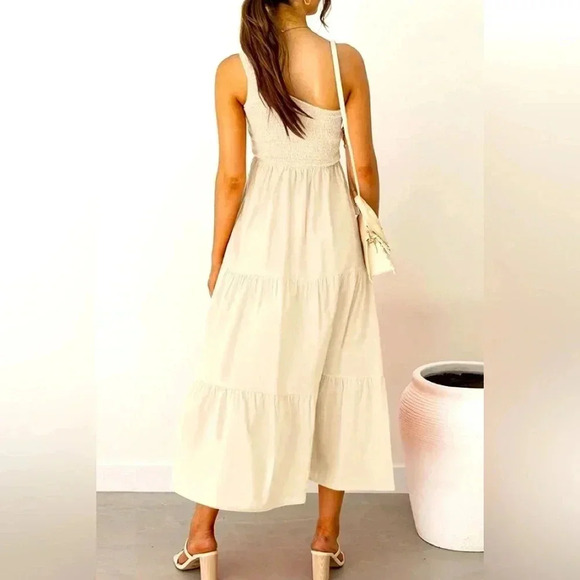 Women's Bohemian Summer One Shoulder Sleeveless Ruffle Tiered Long Midi Dress - Picture 2 of 4